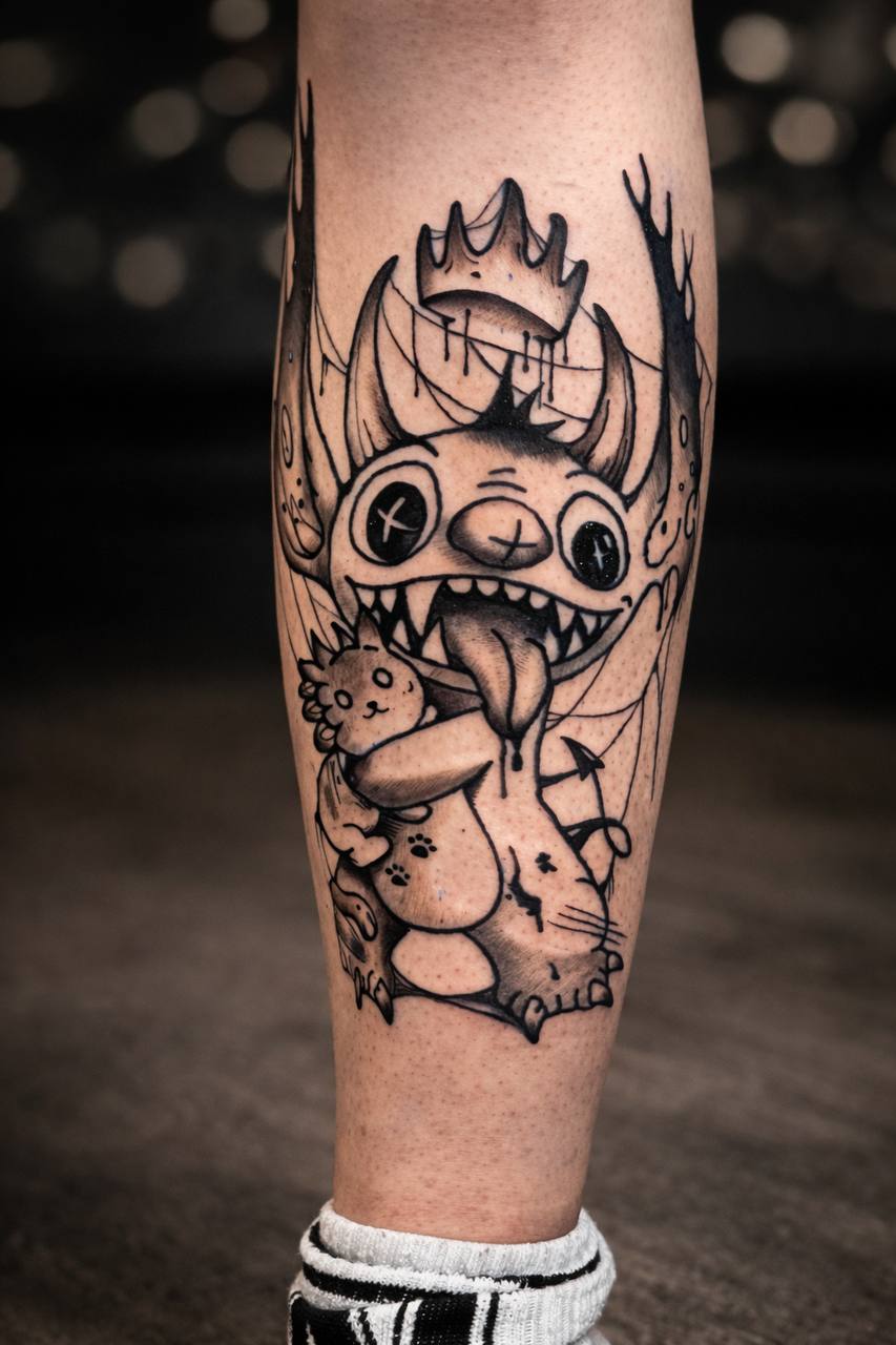 Illustratives Tattoo mit frechem Charakter und dunklen Linien
