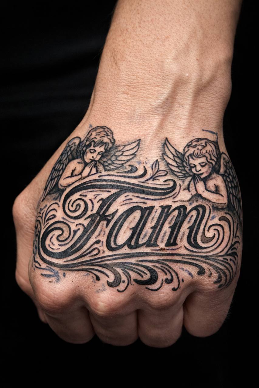 Hand Tattoo mit Schriftzug und Engeln